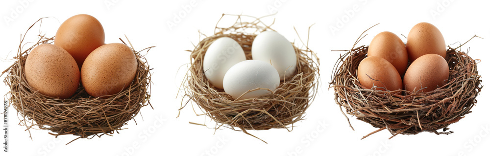 Three nests with brown and white eggs isolated on white background, symbolizing variety and freshness. Three nests with brown and white eggs isolated on white background, symbolizing variety and freshness.