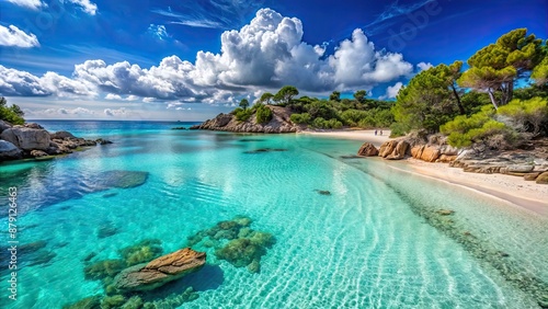 Fototapeta Naklejka Na Ścianę i Meble -  Beautiful beach scene at Lu Impostu with crystal clear turquoise waters and white sandy beaches, Lu Impostu, Sardinia