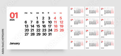 Monthly calendar template for 2025 year. Wall calendar in a minimalist style. Week Starts on Monday. 