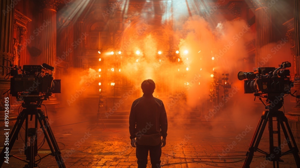 Fototapeta premium A film crew sets up in a large room illuminated by bright orange lights and filled with smoke.