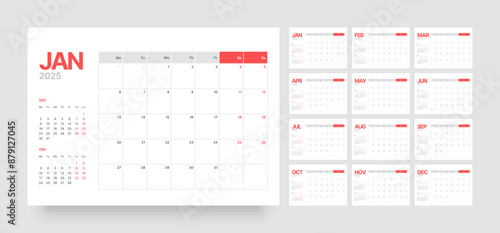 Monthly calendar template for 2025 year. Diary planner in a minimalist style. Week Starts on Monday. 