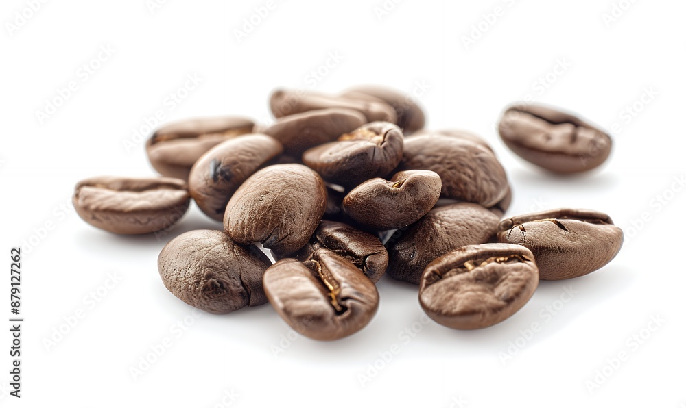 There are some coffee beans on a white background in the photo. The photo was taken with a Canon EOS camera and has high resolution and bright colors. It is a style of commercial photography with a cl There are some coffee beans on a white background in the photo. The photo was taken with a Canon EOS camera and has high resolution and bright colors. It is a style of commercial photography with a cl