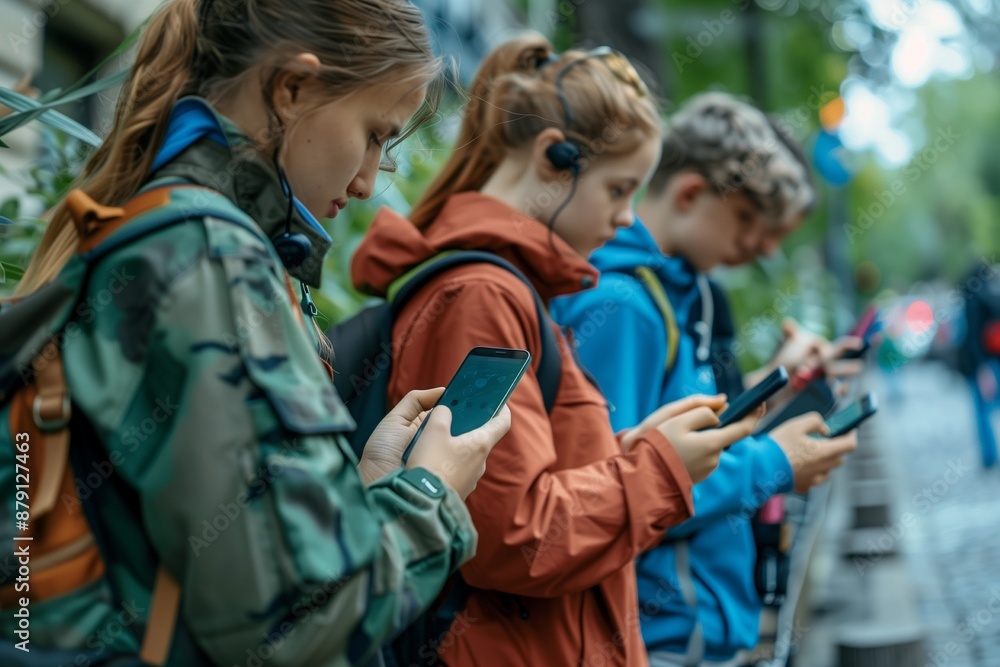 Fototapeta premium Group of young people using smart mobile phone device outside