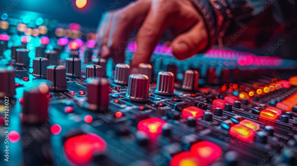 A close-up shot of a hand adjusting knobs on a soundboard during a live performance. The lights and the board create a vibrant, colorful scene. A close-up shot of a hand adjusting knobs on a soundboard during a live performance. The lights and the board create a vibrant, colorful scene.