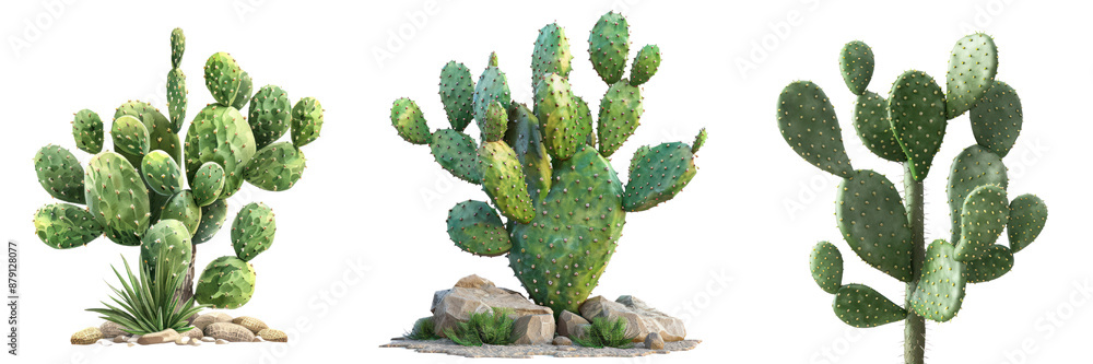 Three variety of prickly pear cacti, showcasing diverse shapes and textures, isolated on a white background. Three variety of prickly pear cacti, showcasing diverse shapes and textures, isolated on a white background.