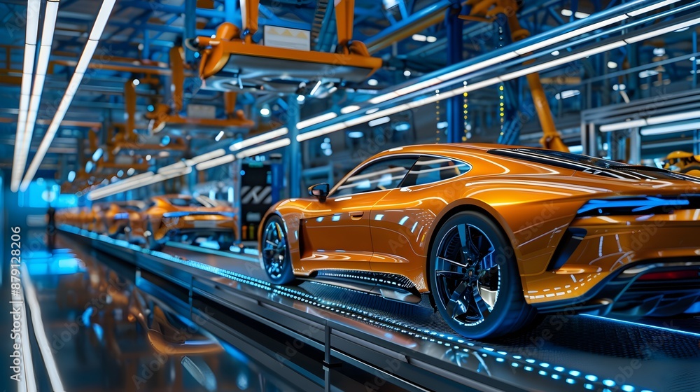 Mass production assembly line of modern cars in a busy factory Mass production assembly line of modern cars in a busy factory