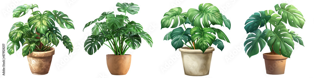 Fototapeta premium Collection of potted Monstera plants in various clay pots, showcasing lush green foliage, perfect for home decor or gardening themes.