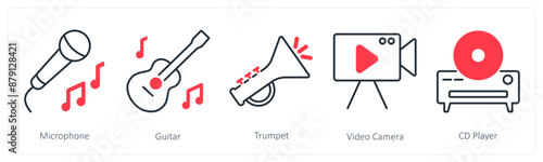 A set of 5 Party and Celebration icons as microphone, guitar, trumpet