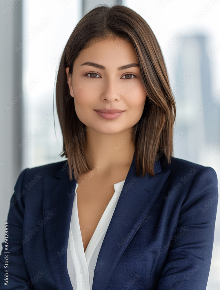 A professional photo of a woman against a corporate office background A professional photo of a woman against a corporate office background