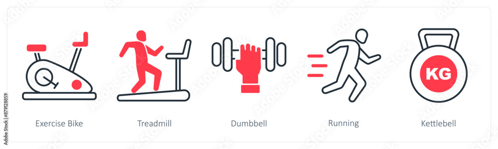A set of 5 Sports and Fitness icons as exercise bike, treadmill, dumbbell A set of 5 Sports and Fitness icons as exercise bike, treadmill, dumbbell