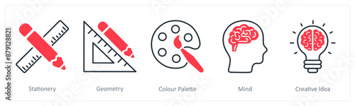 A set of 5 School and Education icons as stationery, geometry, color palette