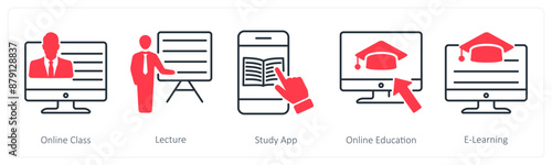 A set of 5 School and Education icons as online class, lecture, study app