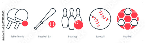 A set of 5 Sports and Fitness icons as table tennis, baseball bat, bowling
