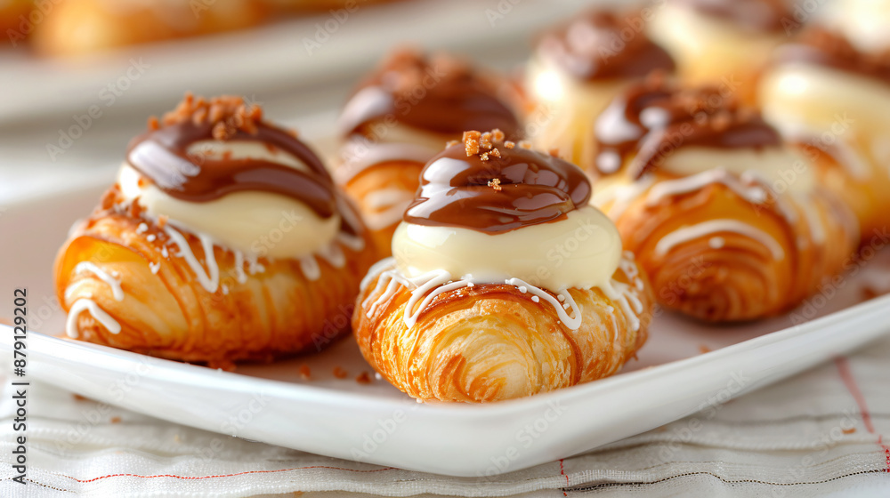 A delightful assortment of miniature each filled with a rich vanilla custard and topped with a layer of glossy chocolate ganache. A delightful assortment of miniature each filled with a rich vanilla custard and topped with a layer of glossy chocolate ganache.