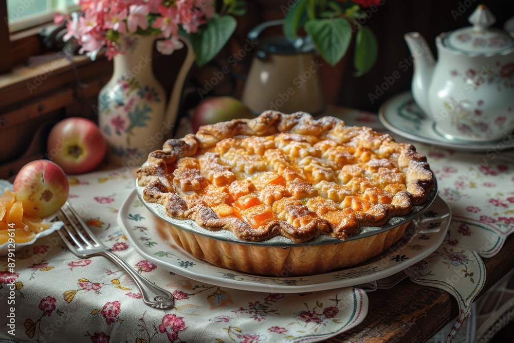 Pie on a plate with a fork and a vase of flowers Pie on a plate with a fork and a vase of flowers