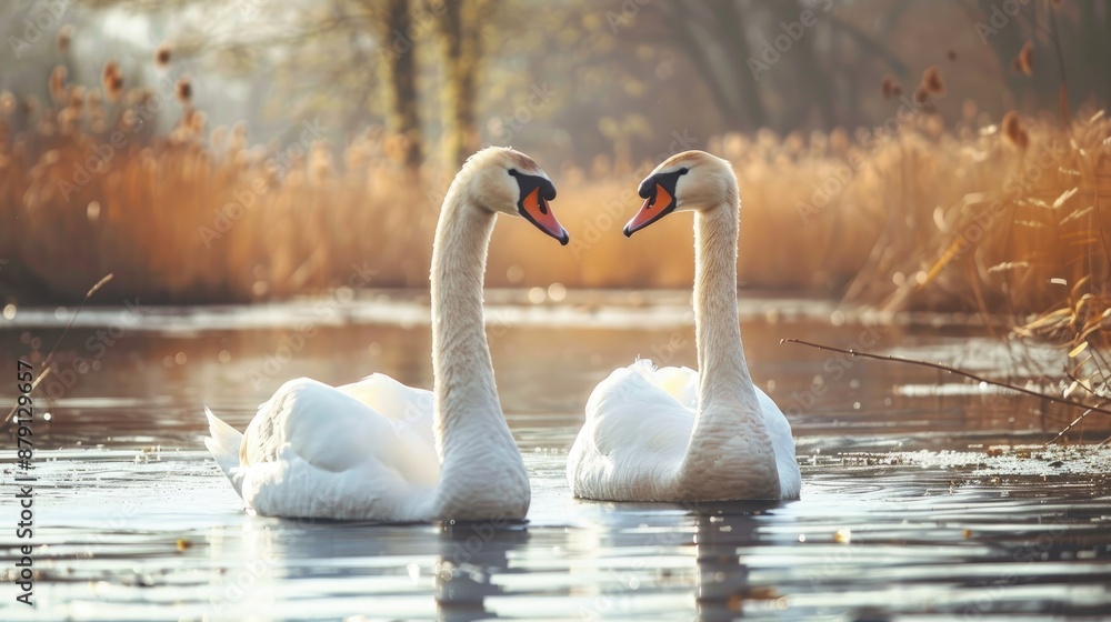 Fototapeta premium Swans in natural habitat with space for text Focus on specific areas