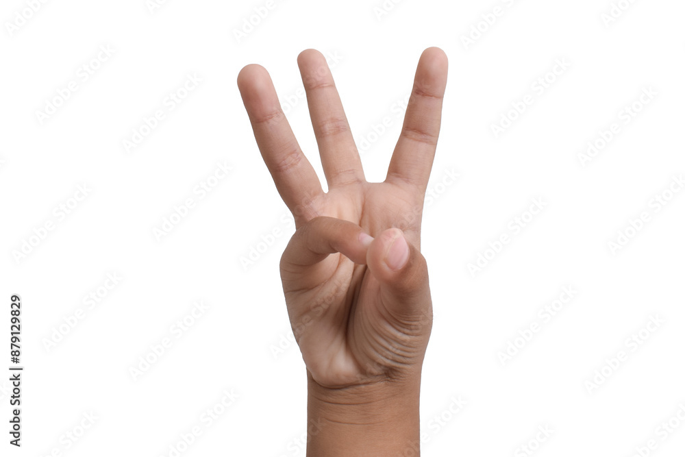 Child's hand showing three fingers isolated on white background. hands show three counts