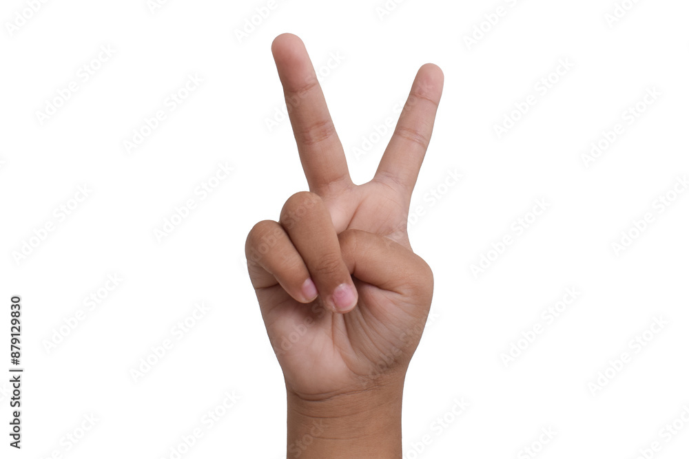 Child's hand showing two fingers isolated on white background. hands show two counts Child's hand showing two fingers isolated on white background. hands show two counts