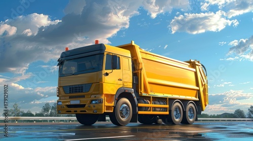 Garbage truck on a bright roadside in the background in a blue sky with scattered fluffy white clouds