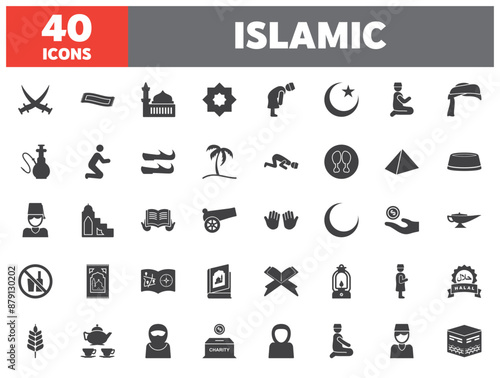 Set of 40 line icons islamic. Outline icon collection. Editable stroke. Vector illustration.