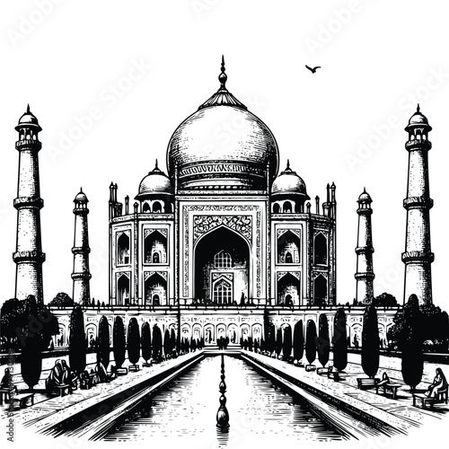 hand drawn Illustration of Taj Mahal. engraving black and white Taj Mahal vector illustration isolated on white background, famous landmarks drawing