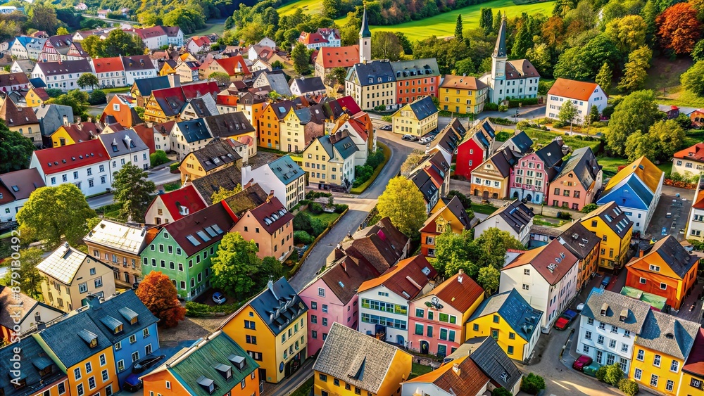 Bird's eye view of a quaint town with colorful buildings and winding streets, town, aerial view, rooftops Bird's eye view of a quaint town with colorful buildings and winding streets, town, aerial view, rooftops