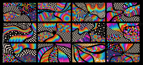 Zentangle psychedelic bright coloring antistress pages with checkerboards and different shapes.