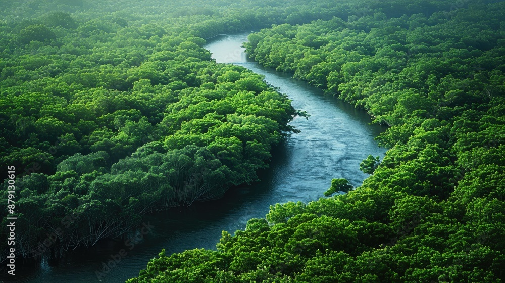 A winding river cutting through a dense forest A winding river cutting through a dense forest