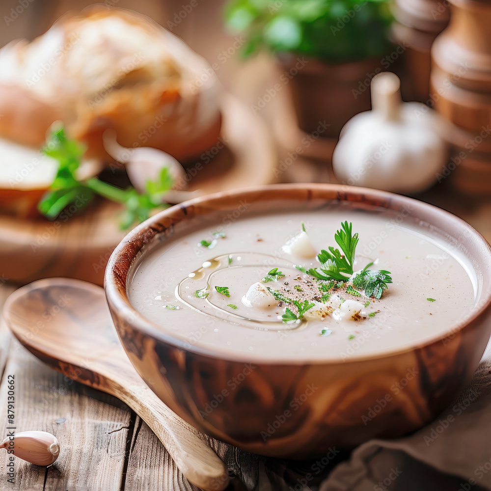 rustic garlic soup. AI generative. rustic garlic soup. AI generative.