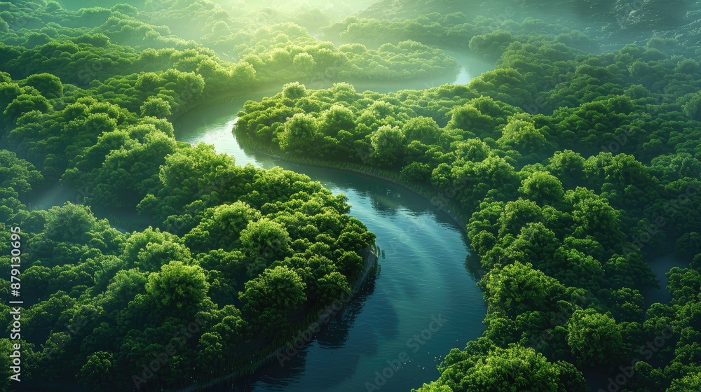 A winding river cutting through a dense forest A winding river cutting through a dense forest