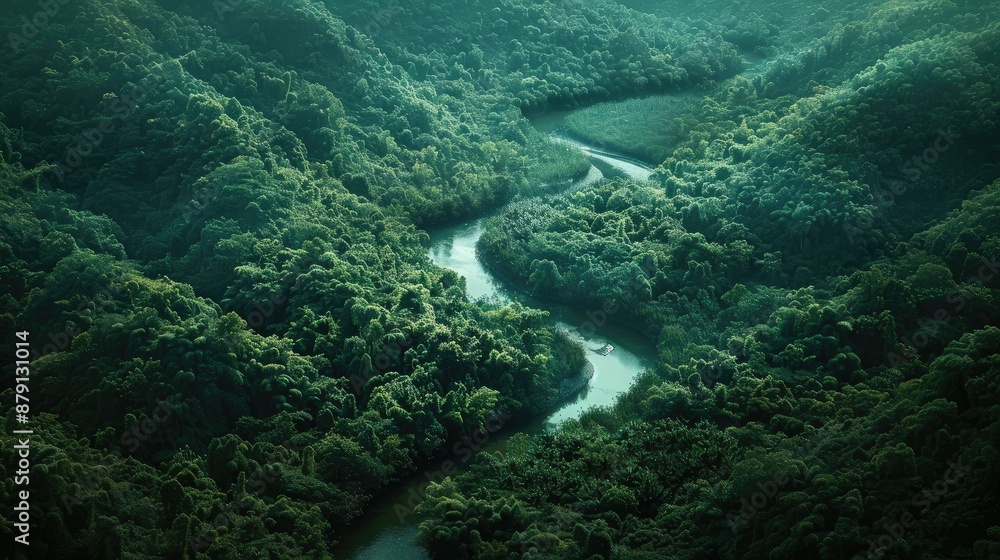 A winding river cutting through a dense forest A winding river cutting through a dense forest