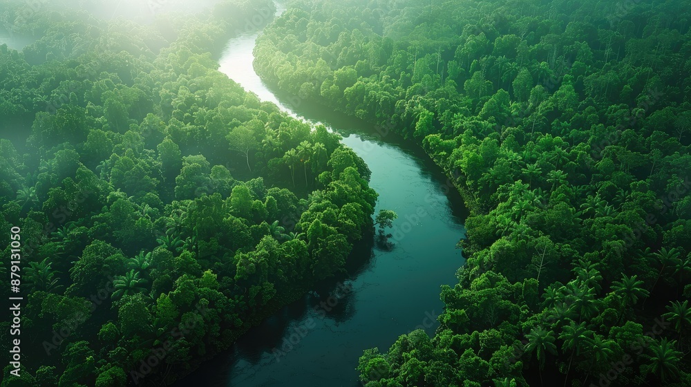 A winding river cutting through a dense forest A winding river cutting through a dense forest