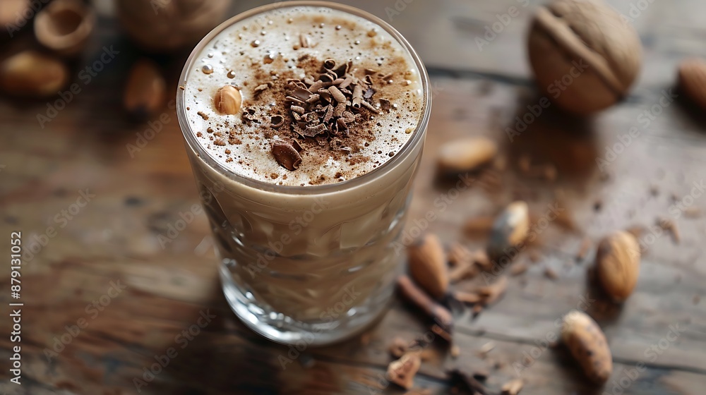 A nut water a drink with cacao shavings on top A nut water a drink with cacao shavings on top