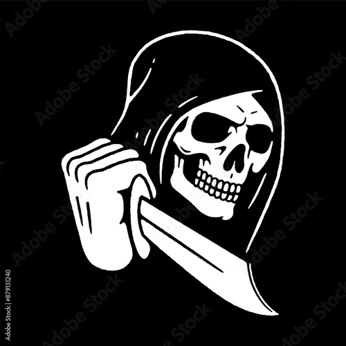 GRIM REAPER SKULL HOLDS A KNIFE LOGO WHITE BLACK BACKGROUND