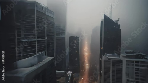 Cityscape in Fog Animation. Buildings, Streets Obscured, Mysterious Serene Atmosphere. Experience the Mystery and Serenity of Foggy Cityscapes in This Dynamic Video. photo