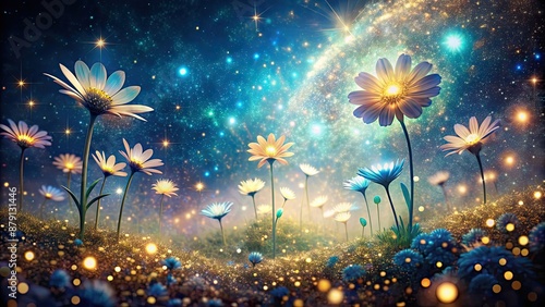 Fototapeta Naklejka Na Ścianę i Meble -  Celestial garden with glowing flowers made of stardust and light, celestial, garden, flowers, glowing, stardust