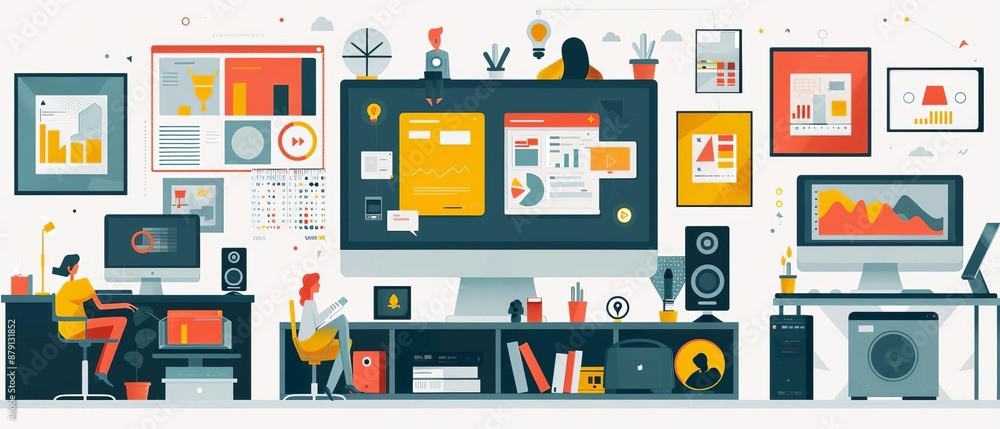 Digital media consumption flat design side view theme technology animation Triadic Color Scheme Digital media consumption flat design side view theme technology animation Triadic Color Scheme