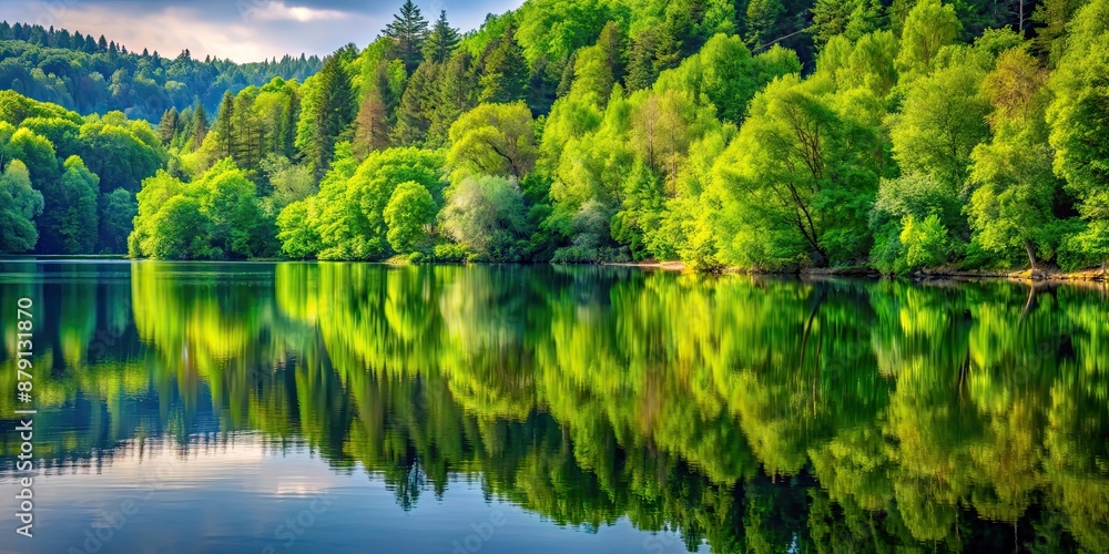 A serene scene of a lake with luscious green trees reflecting in the calm water, reflection, nature, peaceful, water, serene A serene scene of a lake with luscious green trees reflecting in the calm water, reflection, nature, peaceful, water, serene