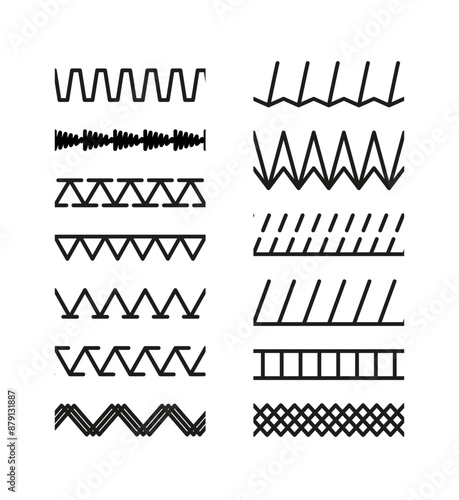 Set of machine thread sew brushes. Simple graphic illustration. Sewing stitches zigzag seamless elements. Overlock embroidery seams. Line border isolated on white background. Vector.