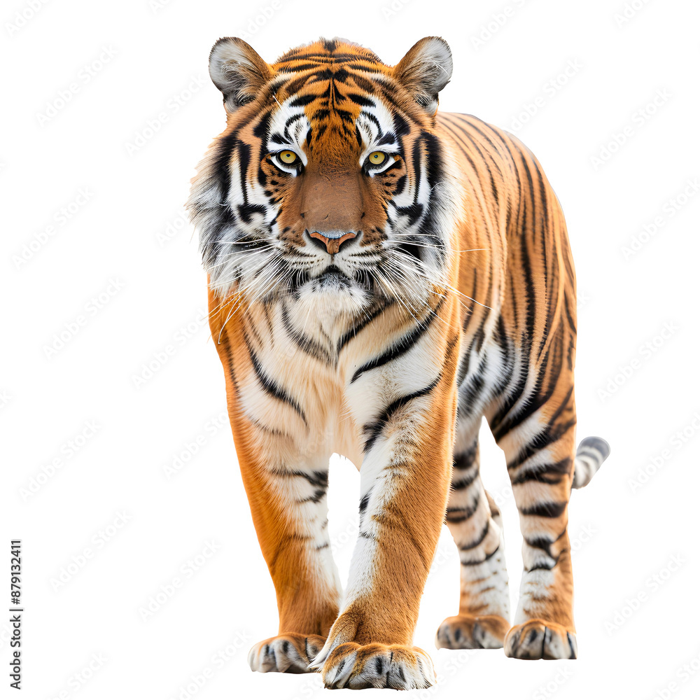 Obraz premium Majestic tiger walking forward isolated on transparency PNG background, showcasing powerful presence and striking striped fur in .