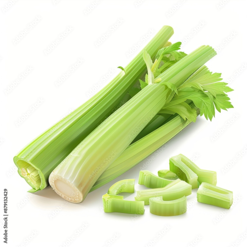 High-quality photorealistic image of sliced celery stalks with intricate texture and details against a white background. High-quality photorealistic image of sliced celery stalks with intricate texture and details against a white background.