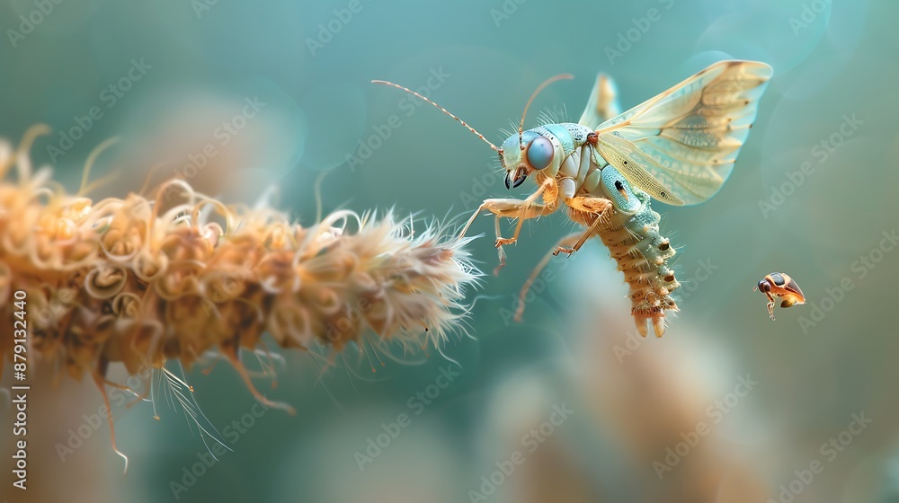 Obraz premium A prevalent cyan caterpillar a shield bug and an insect in flight