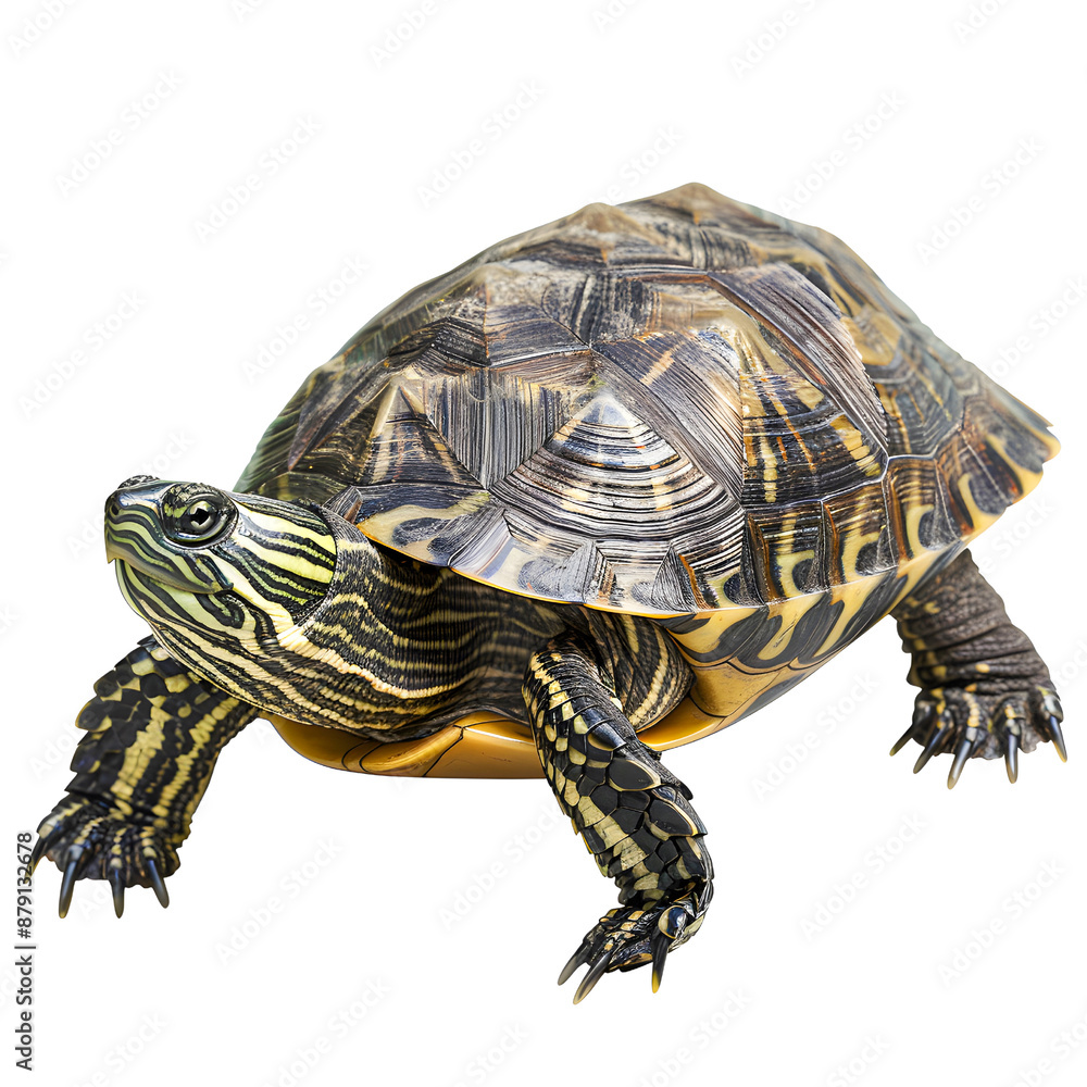 Fototapeta premium Close-up image of a colorful turtle isolated on transparency PNG background, showcasing its detailed shell and patterns.