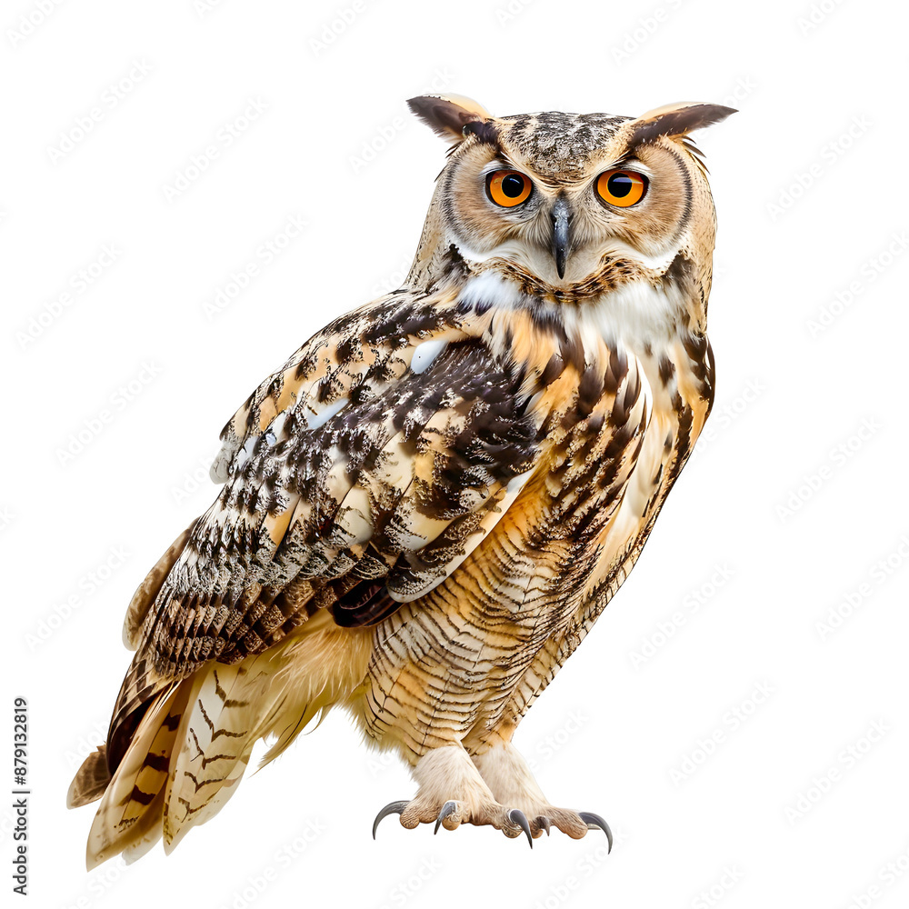 Obraz premium Close-up of a majestic owl with striking orange eyes and intricate feather patterns isolated on transparency PNG background, standing gracefully against .