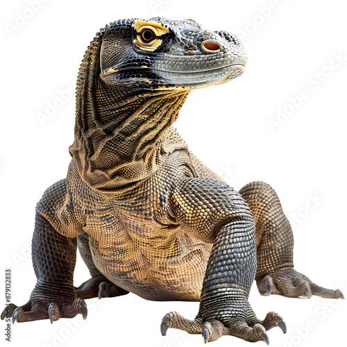 Close-up of a Komodo dragon displaying its textured scales and powerful stance isolated on transparency PNG background, showcasing the details of this majestic reptile. photo