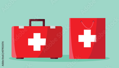 First aid kit. Medical box and bag. Healthcare. Vector illustration in flat style.