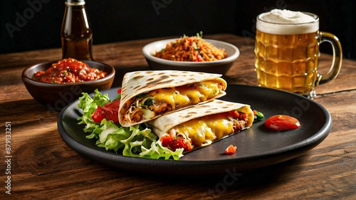 Mexican quesadillas with copy space on colorful background