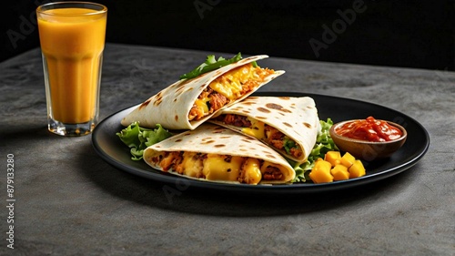 Mexican quesadillas with copy space on colorful background