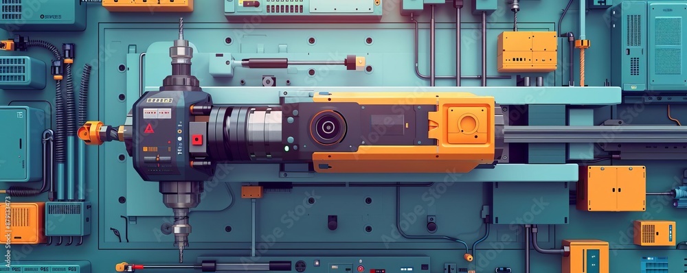 Precision drilling machine flat design top view theme engineering animation Split-complementary color scheme Precision drilling machine flat design top view theme engineering animation Split-complementary color scheme