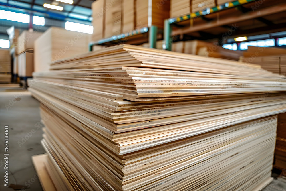Stacked plywood sheets in a warehouse, showcasing natural wood grain patterns and textures, perfect for construction and carpentry-related promotional materials and designs.